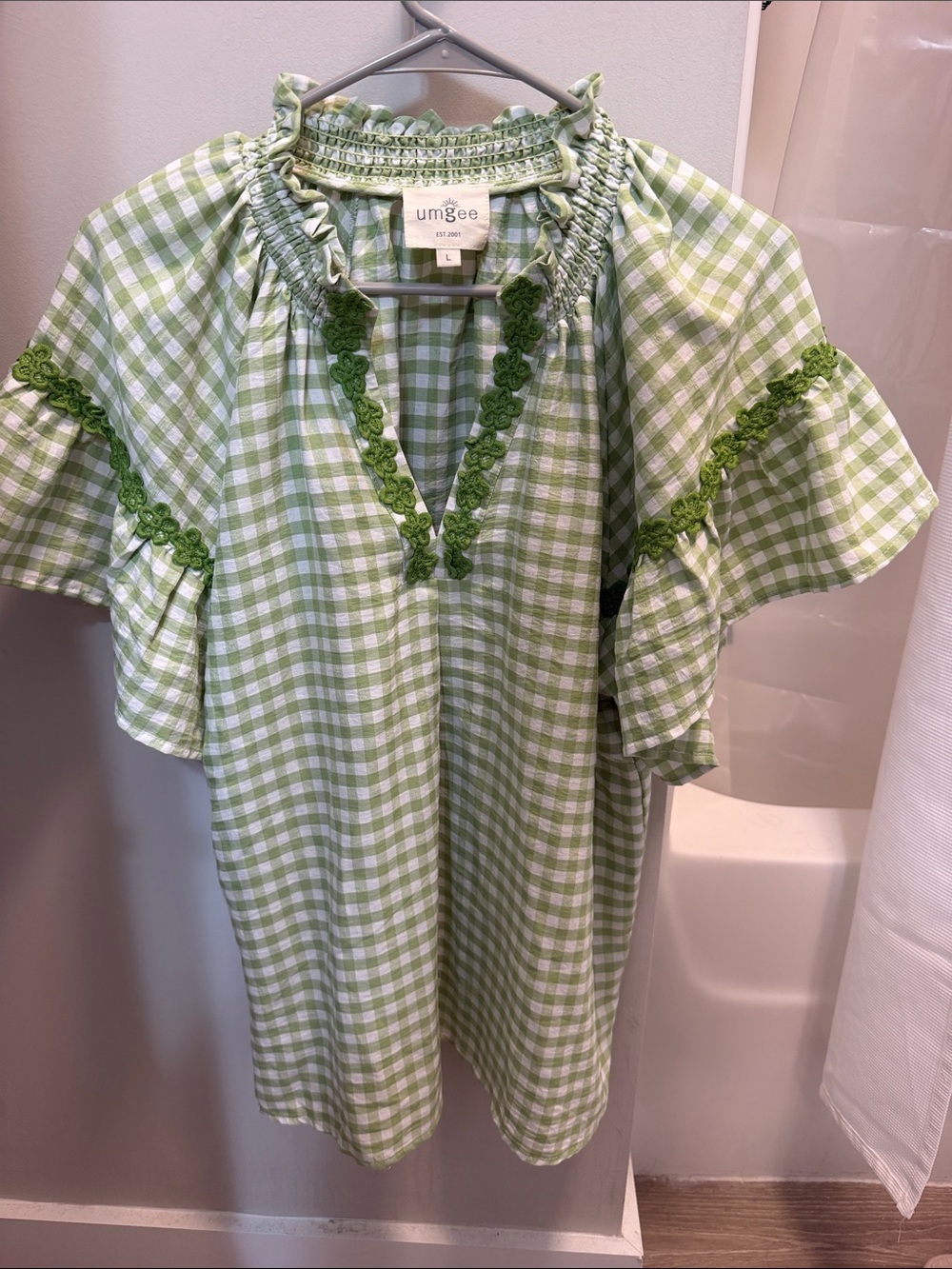 Umgee Light Green Gingham Flutter Sleeve Dress with Trim